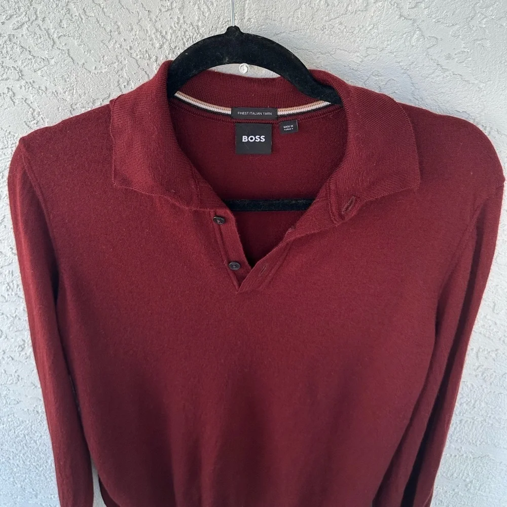 Hugo Boss Virgin Wool Polo V Neck Long Sleeve Maroon Large Soft Mens Sweater